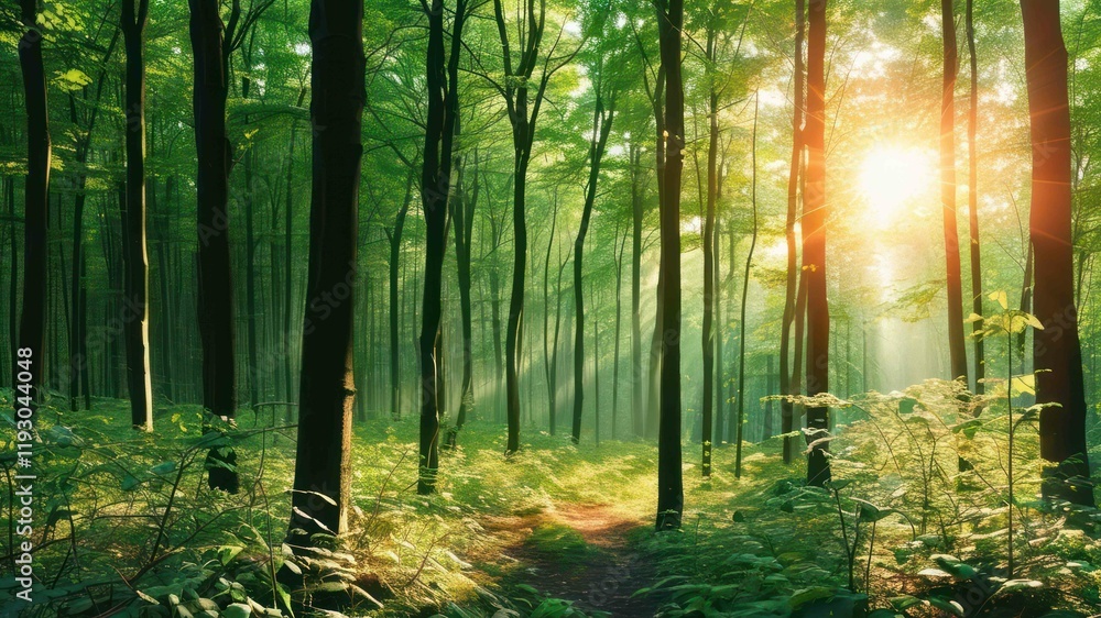 Fototapeta premium Sunlight filtering through dense trees illuminates serene forest pathway, creating tranquil atmosphere for exploration and relaxation