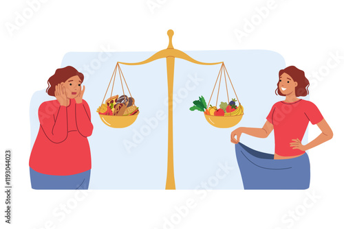 Healthy eating helped woman lose weight, standing near libra with junk food and useful vegetables or fruits. Fat girl got rid of belly fat and cellulite thanks to healthy eating or low-calorie diet