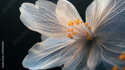 Delicate Flower with Transparent Petals and Bright Yellow Pollen Details photo