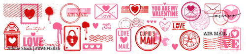 Valentine day love stamp set, February mail print vector romantic collection, heart vintage sign. Greeting wedding correspondence postcard sticker, date postage retro graphic. Valentine stamp decor