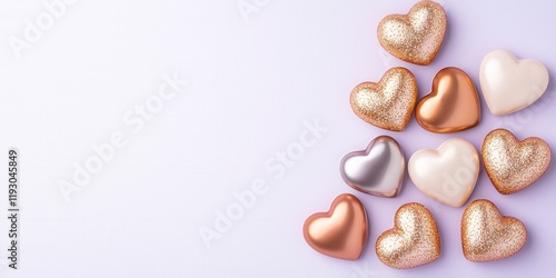 Modern candy hearts on vibrant background concept. Colorful decorative hearts arranged on a light background
