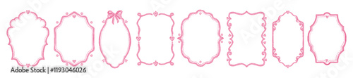 Love doodle frame set, watercolor cute Valentine day border, vector pink heart wedding card design. Hand drawn elegant minimal decor collection, romantic shield. Coquette love frame invitation print