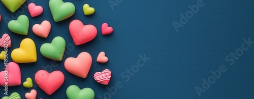 Modern candy hearts on vibrant background concept. Colorful hearts scattered on a blue background