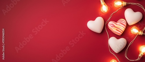 Modern candy hearts on vibrant background concept. Colorful hearts and lights on a red background, perfect for Valentine's Day