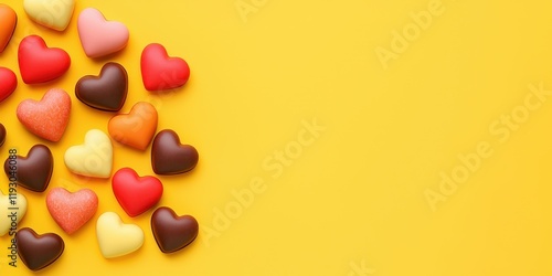 Modern candy hearts on vibrant background concept. Colorful heart-shaped candies on a bright yellow background