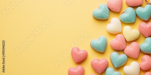 Modern candy hearts on vibrant background concept. Colorful heart-shaped candies on a vibrant yellow background