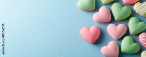 Modern candy hearts on vibrant background concept. Colorful heart-shaped candies on a pastel background