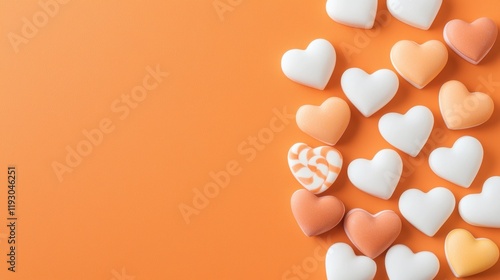 Modern candy hearts on vibrant background concept. Colorful heart-shaped candies on an orange background
