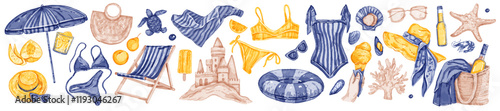 Watercolor summer beach set, vector hand drawn vacation ocean coast sticker, sand castle, umbrella. Mediterranean leisure weekend design element, swimming suit, sea shore element. Summer beach print