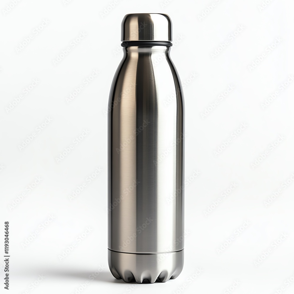 A sleek, stainless steel water bottle with a modern design, ideal for keeping beverages cold or hot on the go. A sleek, stainless steel water bottle with a modern design, ideal for keeping beverages cold or hot on the go.