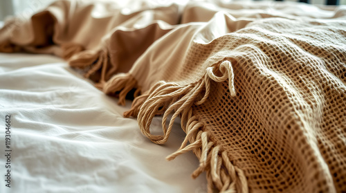 Cozy Beige Knitted Blanket with Fringe - Soft, Warm Home Decor photo