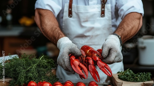 Chef preparing fresh lobsters at a seaside market in summer for a local seafood festival photo