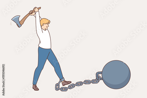Man frees himself from shackles and burdens by cutting chain with ax to become free