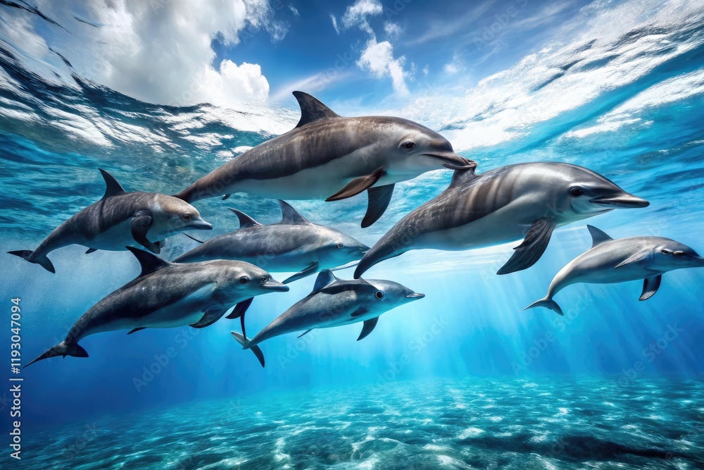 Obraz premium A group of dolphins playing and swimming together in the ocean, dolphins, seawater, marine life