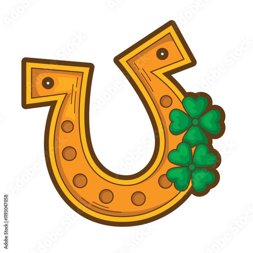 Gold horseshoe with three leaf clovers, symbolizing luck. Perfect for St. Patrick's Day designs or fortune themed concepts. Suitable for backgrounds