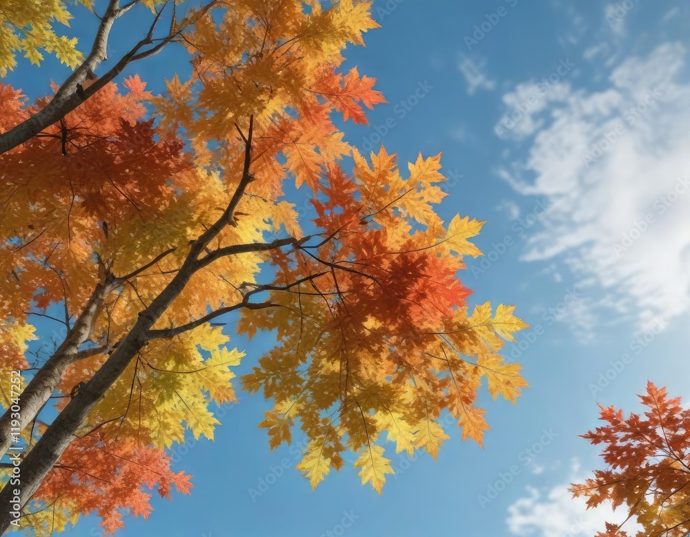A group of maples with changing colors line up on a sturdy branch against blue sky, fall, color A group of maples with changing colors line up on a sturdy branch against blue sky, fall, color