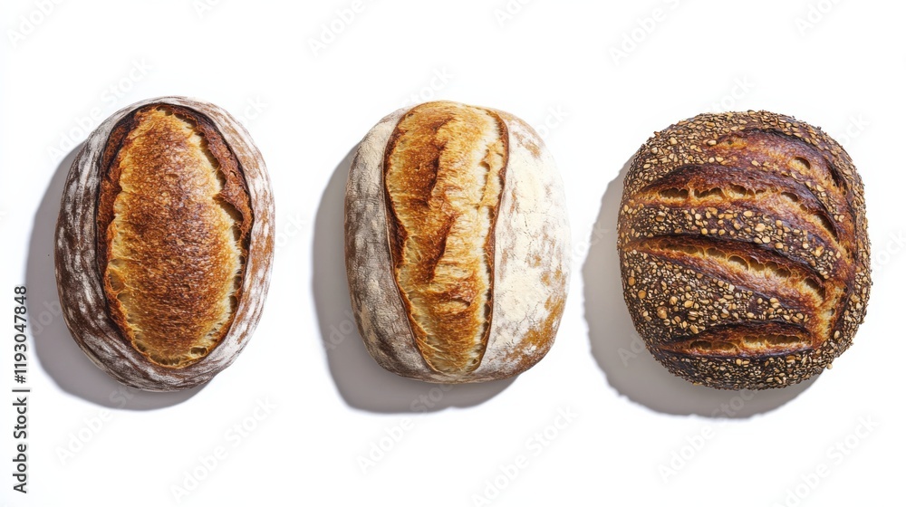 Artisan Breads Displayed on White Background, Featuring Crusty Exteriors and Various Textures, Perfect for Food Photography and Bakery Projects