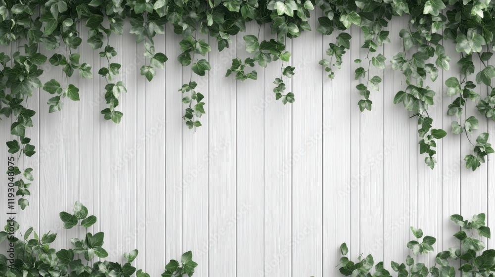 Fototapeta premium Green Ivy Leaves Framing White Wooden Plank Wall Background