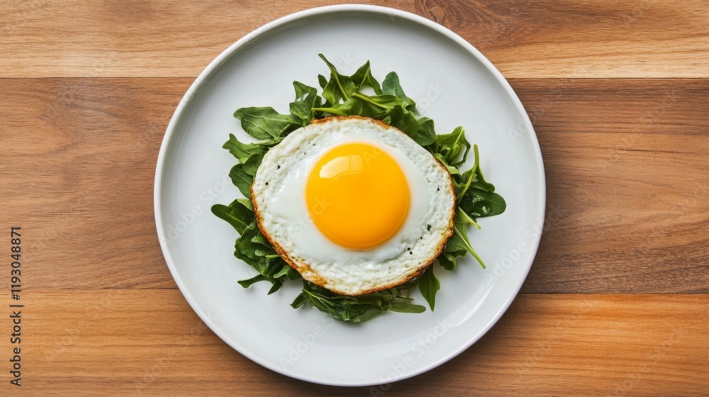 Single fried egg with runny yolk on a bed of arugula. Single fried egg with runny yolk on a bed of arugula.