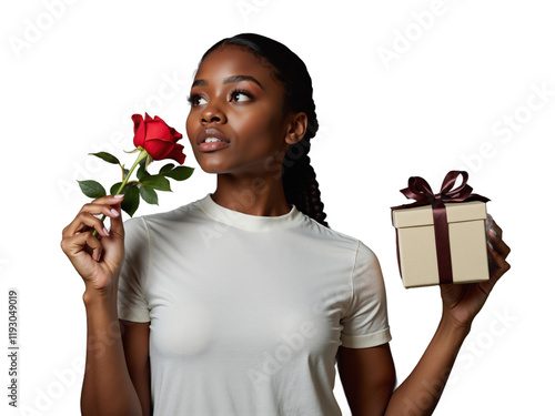 Celebrating International Women's Day with a smile, a rose, and a gift in hand, showcasing joy and empowerment photo