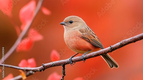 A small, colorful bird sits on a branch against a blurred backdrop of vivid red autumn leaves, highlighting the beauty of nature and the changing seasons. photo