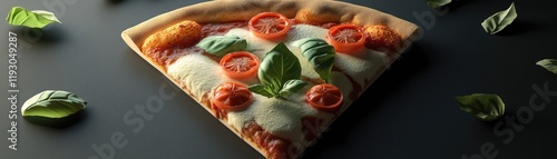 Slice of Pizza with Fresh Basil and Tomato on Dark Surface - Ideal for Culinary Promotions photo