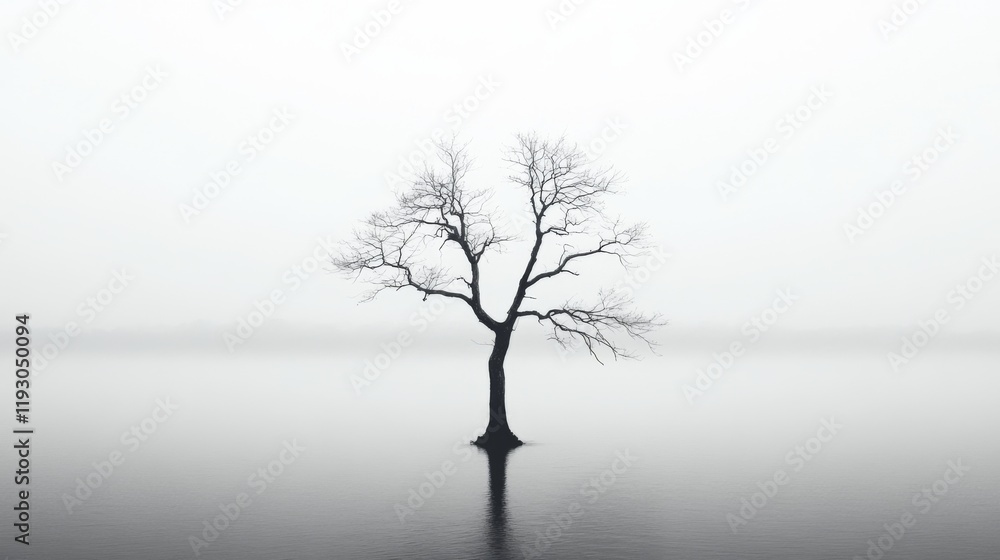 Solitary bare tree reflected in still, foggy water. Solitary bare tree reflected in still, foggy water.