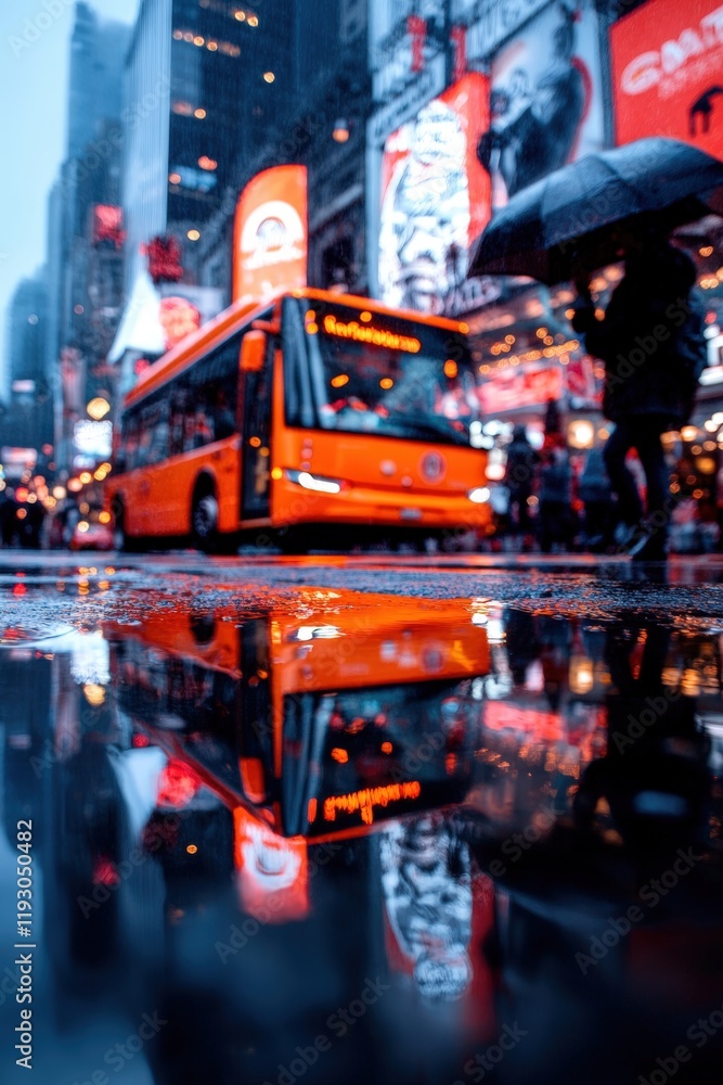 Urban evening in the rain with reflections of a bus and billboards in Times Square Urban evening in the rain with reflections of a bus and billboards in Times Square