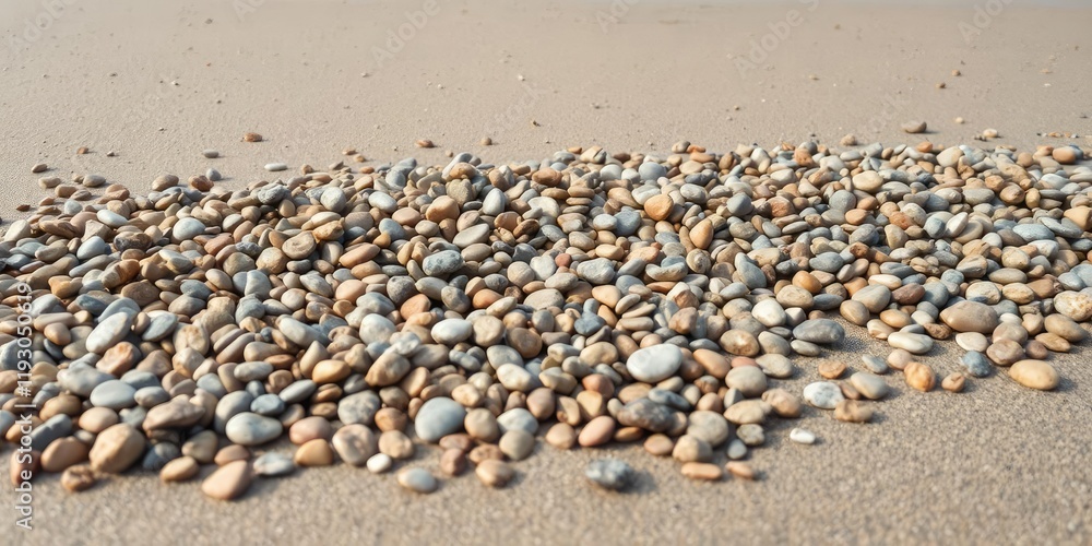 A large collection of sea pebbles in shades of brown and gray scattered across the sandy beach at low tide, beach scene, tidal zones A large collection of sea pebbles in shades of brown and gray scattered across the sandy beach at low tide, beach scene, tidal zones