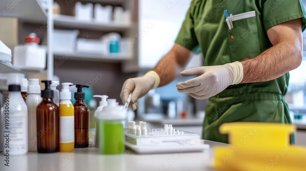 Safety training workplace knowledge concept. A person in green scrubs preparing lab samples with various bottles in a laboratory setting. Safety training workplace knowledge concept. A person in green scrubs preparing lab samples with various bottles in a laboratory setting.