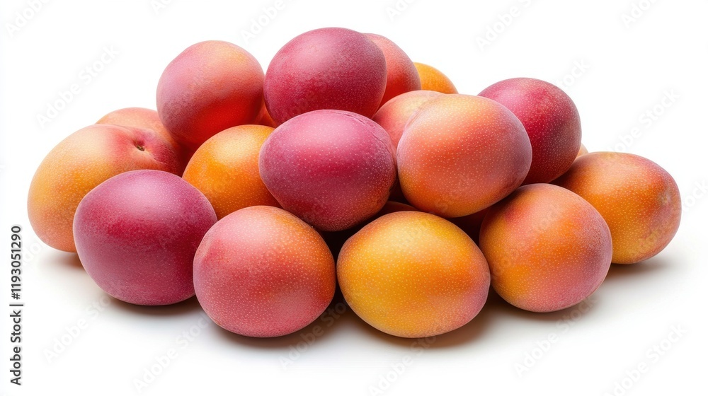 Fresh and Colorful Plums and Apricots Piled on a White Background