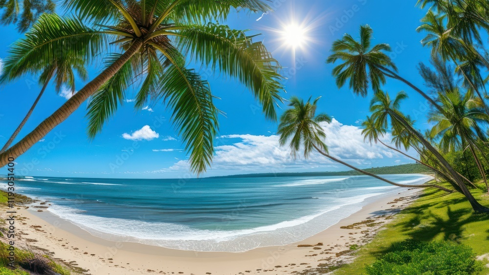 Vibrant tropical beach scene featuring palm trees, clear ocean, and bright blue skies, ideal for vacations and relaxation Vibrant tropical beach scene featuring palm trees, clear ocean, and bright blue skies, ideal for vacations and relaxation
