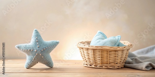 Serene scene of crocheted starfish and soft teal cushions in a wicker basket on a wooden surface photo