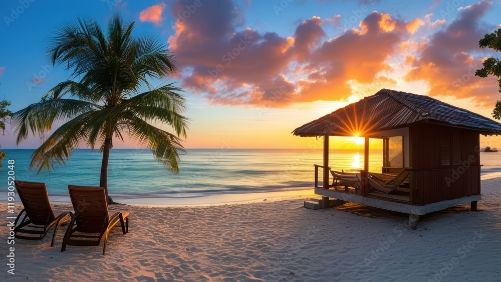Serene beach location featuring a hut, palm tree, and sunset over calm waters, ideal for relaxation and vacation Serene beach location featuring a hut, palm tree, and sunset over calm waters, ideal for relaxation and vacation