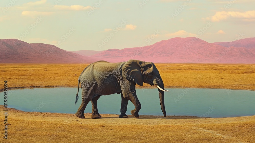 Fototapeta premium Majestic elephant walks toward serene waterhole under expansive