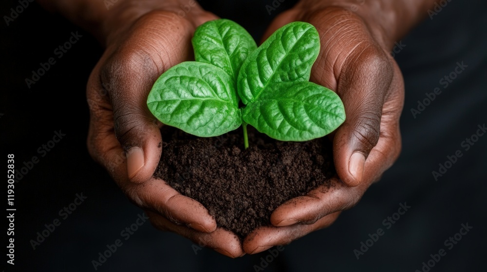 Individuals nurturing a young plant with rich soil in their hands in a caring environment Individuals nurturing a young plant with rich soil in their hands in a caring environment