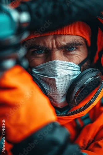 An outdoor explorer in orange gear preps for a cold expedition while masked photo