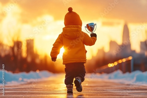 A child returning home with a trophy, representing the value of perseverance and achievement photo