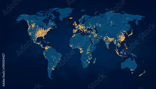 World map with night city lights. Planet earth with continents at night. Cities and technologies, hand-drawn digital illustration, with white tones