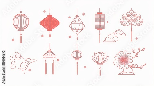 Chinese New Year icons, symbols and decorations. Abstract linear design, illustrations. Line art lanterns, flowers, clouds and frames. Collection of modern minimalist vector illustrations