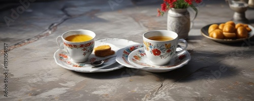 A breakfast plate with a delicate china cup falls off the edge of a high table onto the stone floor , meal item, high table, china plate photo