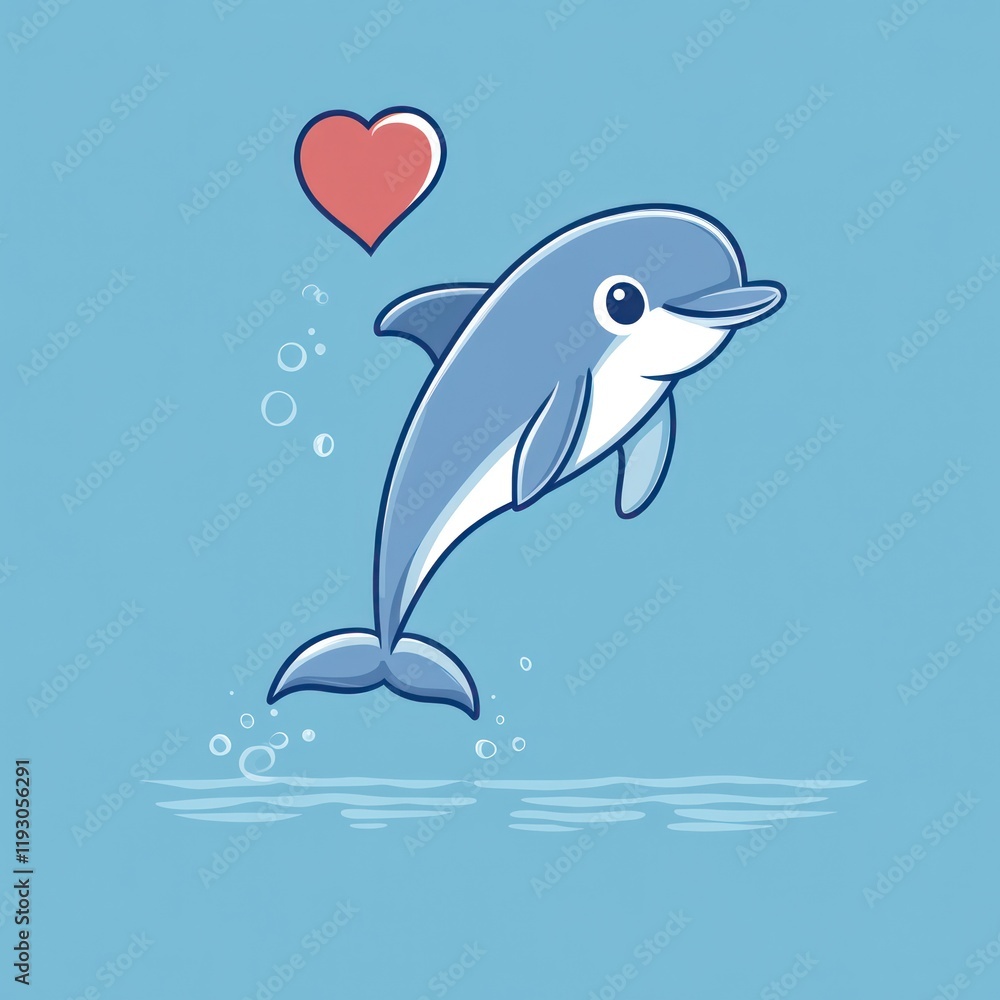 Obraz premium Happy dolphin leaping, ocean background, love heart, kids illustration