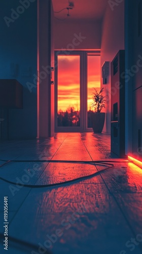 Dramatic sunset sky silhouette view through the open doorway of a modern residential home creating a warm and peaceful atmospheric scene