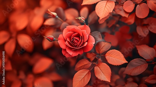 A deep red rose blooms vibrantly amid similarly hued leaves, representing love and passion, while illustrating nature's artistry and the depth of human emotions. photo