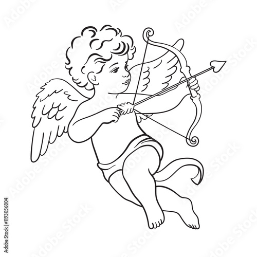 Little angel Cupid with a bow and arrow vector silhouette on a white background