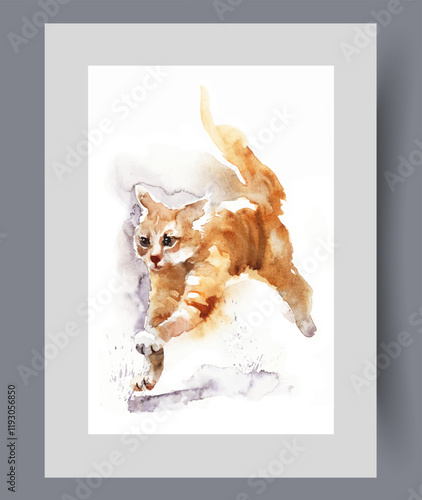 Ginger cat runs along ground, chasing toy or escaping from dog on wall art. Watercolor print. Artwork with ginger cat or kitten having fun and being active, in frame with decor for poster