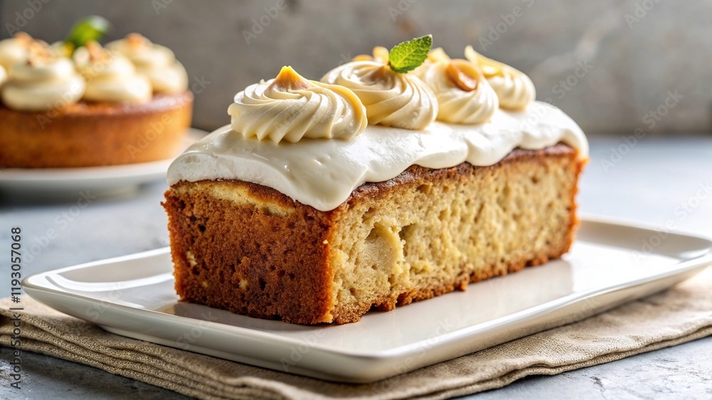 Freshly baked banana bread with cream cheese frosting on a white plate Freshly baked banana bread with cream cheese frosting on a white plate