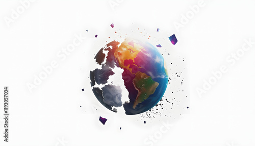 Broken shattered planet earth globe isolated on white background. Rainbow realistic world with particles and debris, vintage