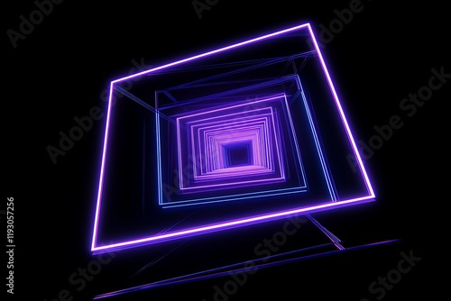 Futuristic glowing neon square tunnel with purple and blue lights on black background, 3D abstract perspective for sci-fi concepts, digital art, virtual reality, technology, or modern UI design.