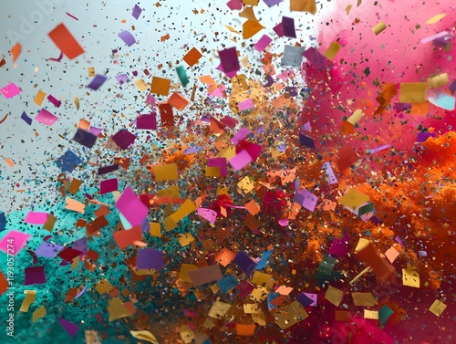 Vibrant Holi-Inspired Confetti Explosion with Shimmering Stardust and Vibrant Powder Bursts photo